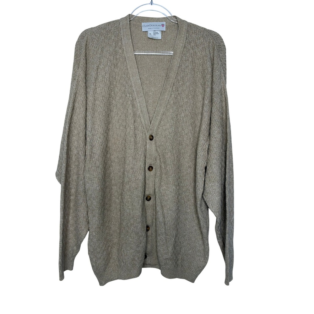 Clan Douglas Cardigan XL Beige Linen Silk Knit V-Neck Button Front Scotland